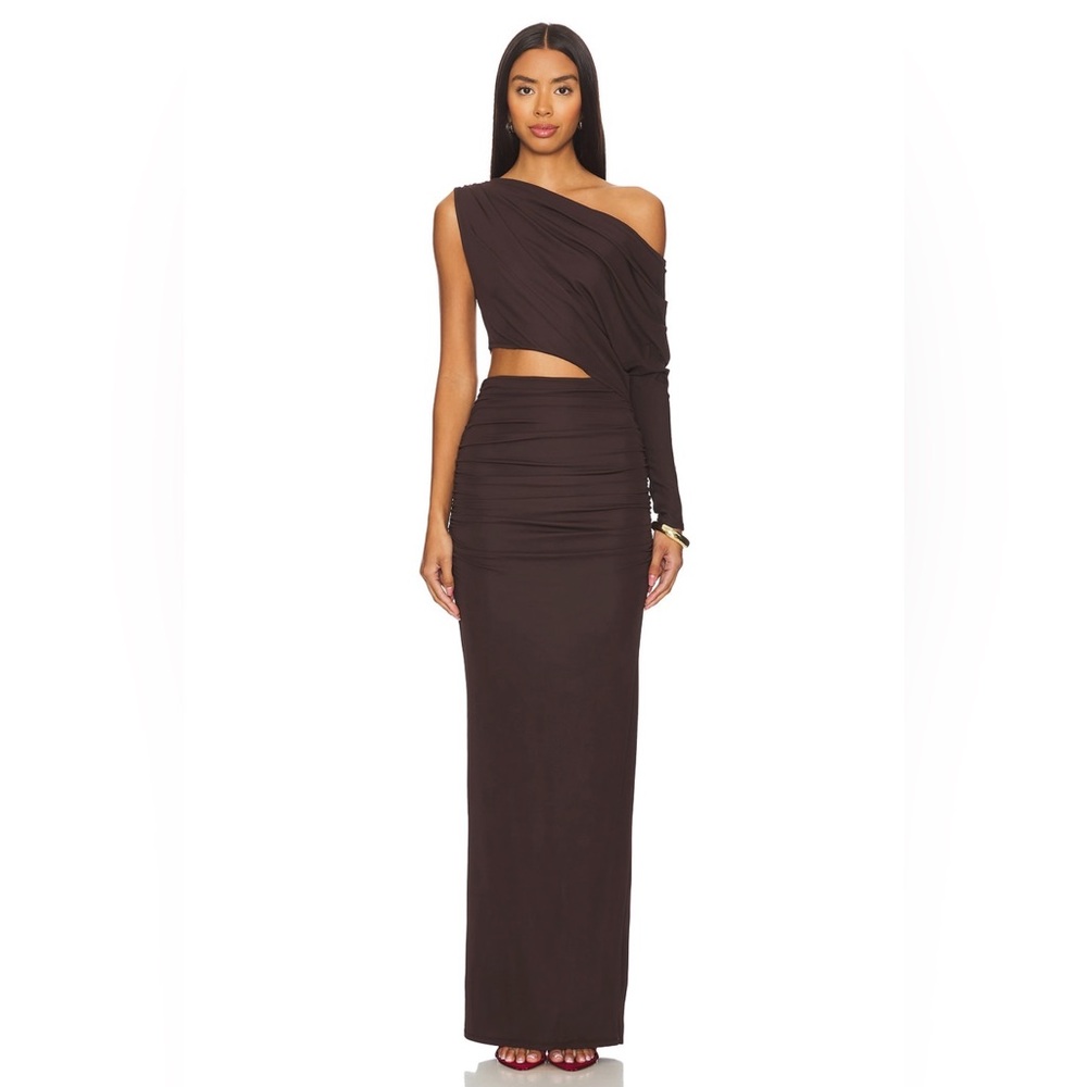 NBD Yahaira Maxi Dress Dark Brown Large One Shoulder Cutout NWT